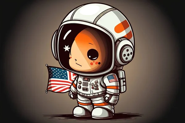 a cartoon character in an astronaut suit holding an american flag in his hand and a helmet on his head, standing in a dark room with a dark background, with a spot light,. .