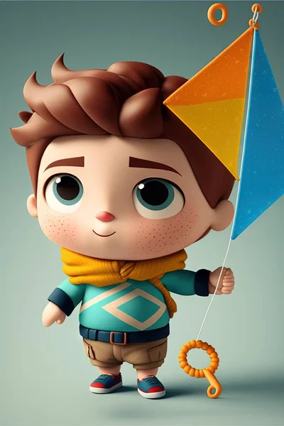 a cartoon character holding a kite with a string attached to it\'s head and a string attached to it\'s neck, with a loop around its neck, and a loop, and a loop,.