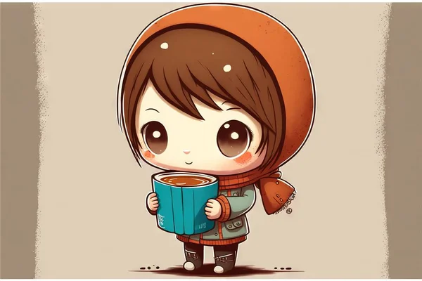 a little girl holding a cup of coffee and a scarf on her head, with a scarf around her neck and a scarf on her head, and a scarf around her neck, and.