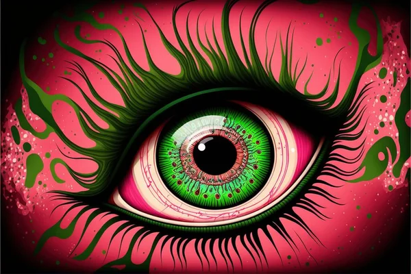a painting of a green eye with pink and green swirls on it\'s iris and black background, with a black circle in the center of the eye and a pink circle with green. .