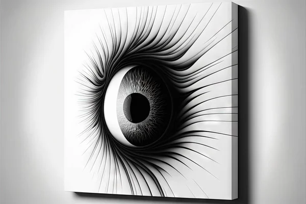 a black and white painting of an eye with long eyelashes on a wall above a white wall with a gray background and a white wall with a white background with a black frame and white.