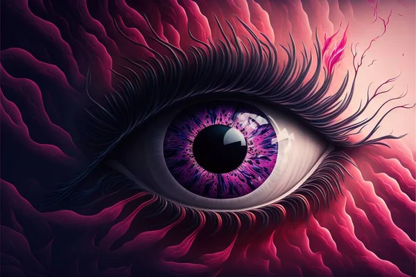 a close up of a purple eye with a pink background and a black circle in the center of the eye, with a pink background and purple swirl around the eye area, and a. .
