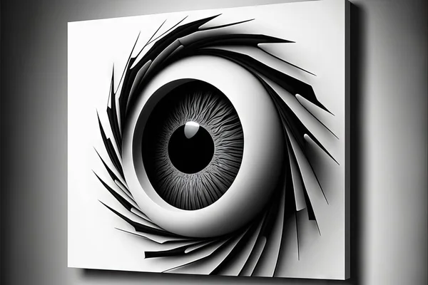 a black and white picture of an eye with a black circle in the center of it\'s iris, with a black background and white background of a gray wall and white wall with a black shadow.