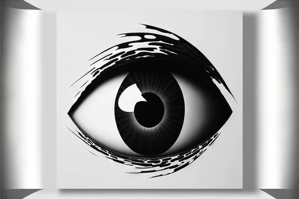 a black and white photo of an eye with a black stroke on it's iris and the eyeball is in the center of the picture, and the image is in the center of the frame.