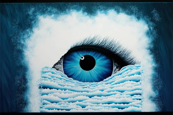 a painting of a blue eye with a black circle in the center of the eye and a wave in the water below it, with a blue sky and white background of clouds and blue. .