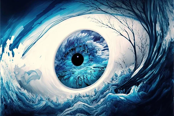 a painting of a blue eye with a white swirl around it and trees in the background, with a blue sky and white clouds in the center of the eye, and a black circle. .