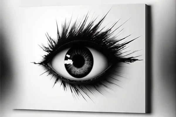 a black and white picture of an eye with long eyelashes on it\'s side, with a white background and a black frame around the eye is a black and white background with a. .