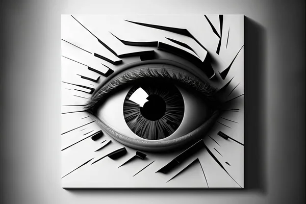 a black and white photo of an eye with a shattered frame on it\'s wall, with a shadow of the eye on the wall behind it, and a shadow of the eye. .