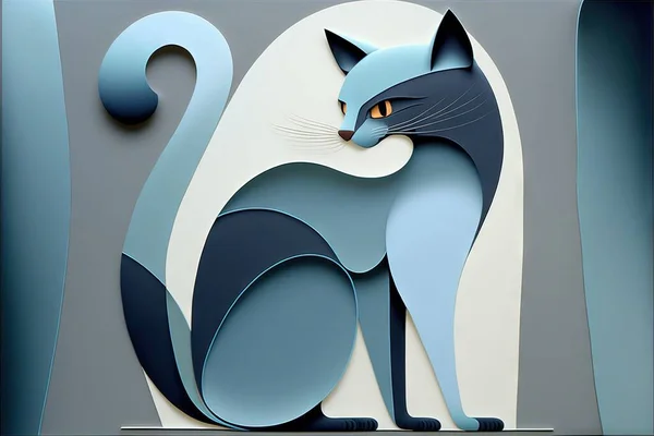 a paper cut of a cat sitting on a table with a blue background and a white background behind it, with a blue and white cat on the left side of the paper, and.
