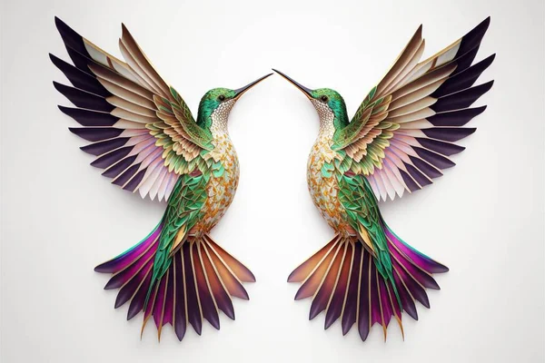 two colorful birds with wings spread out to each other, facing each other, with one bird facing the other with its wings spread out to the other, and the other bird is facing.