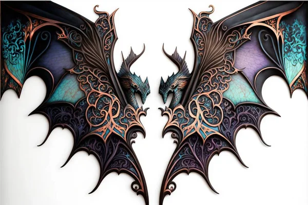 two dragon wings with intricate designs on them, one of which is blue and purple, the other is black and orange, and the other is green and orange, and the other is blue.