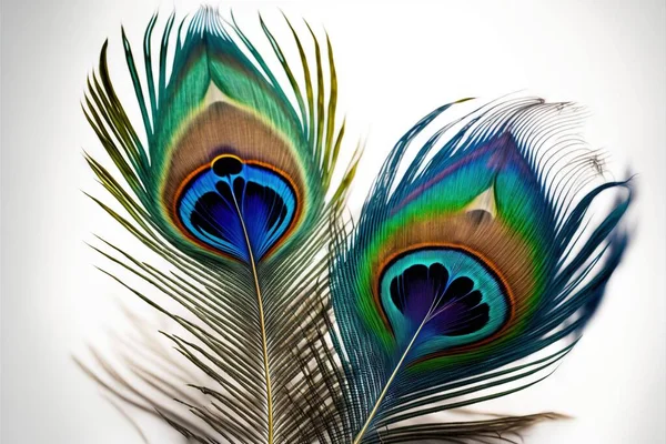 two peacock feathers with a white background and a blue center piece with a green center piece and a blue center piece with a green center piece with a blue center piece and a white background. .