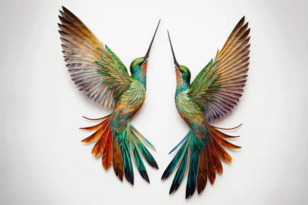 two colorful birds with wings spread out to each other, facing each other, with one bird facing the other with its wings spread out, and another bird with its wings spread out,. .