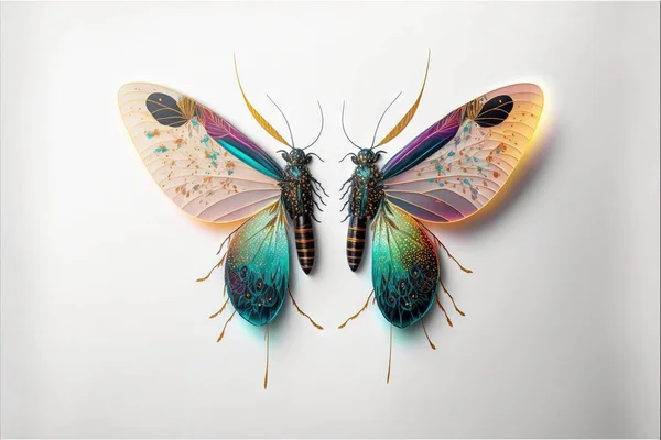 two butterflies with different colors on their wings and wings spread out to the side of the picture, one of which is a butterfly with a wing and two wings, the other wings,. .