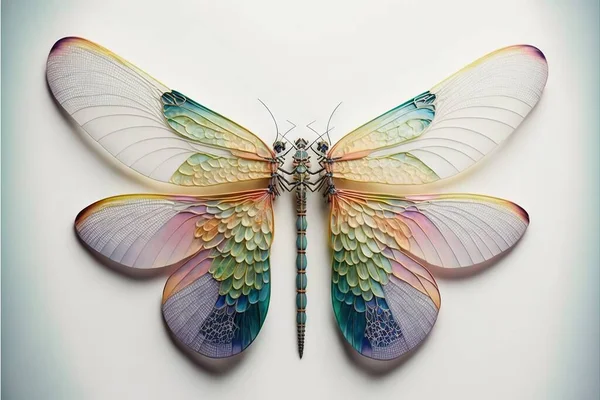 a butterfly with multicolored wings and wings spread out to the side of it's body, with a long tail and wings that are shaped like a dragon like a butterfly with wings. .