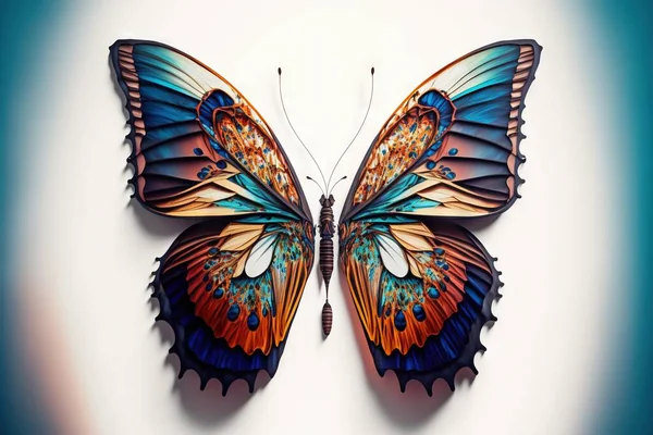 a colorful butterfly with a blue background and a white wall behind it, with a blue border around the wings and a red and orange butterfly with a blue tail, on the top of. .