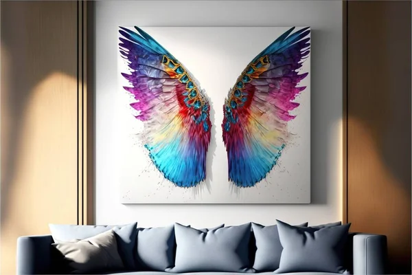 a living room with a couch and a painting on the wall above it that has a colorful wing design on it, and a white wall with a blue couch and a white back wall. .