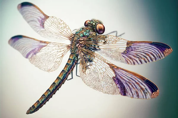 a dragonfly with a large, colorful wing and wings spread out, sitting on a white surface with a blue background and a green background with a few small blue dots on the top. .
