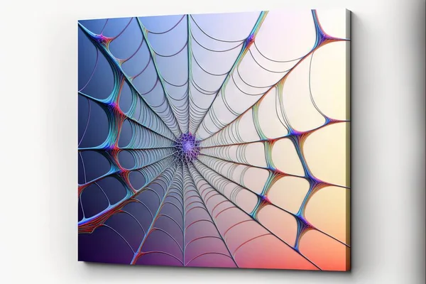 a colorful spider web pattern on a white wall with a blue center and a purple center and a blue center and a purple center and yellow center with a blue center and red center center.