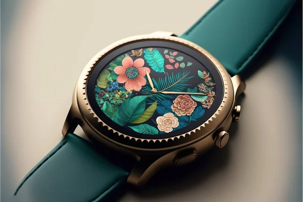 a watch with a floral design on the face of it\'s face and a green strap around the watch face and a gold case with a flower design on the face and a blue band. .