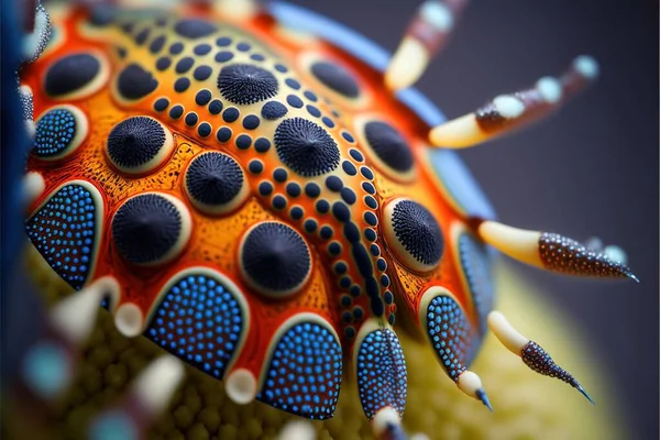 a close up of a colorful object with many dots on it's face and a blue and orange body with black dots on it's head and a black background with a blue border. .