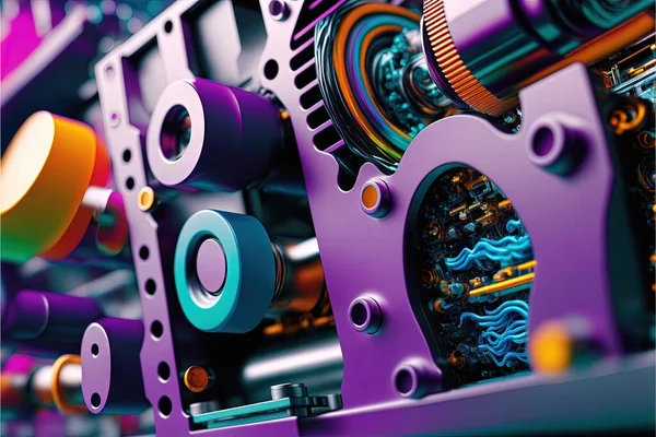 a close up of a machine with many different colors and sizes of gears and gears on it\'s side and a blue background with a purple and orange and blue border with a red border. .