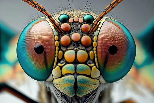 a close up of a colorful insect\'s face and eyes with a long nose and long legs and a long nose with a long nose with two wings and two eyes with two eyes with two with two eyes. .