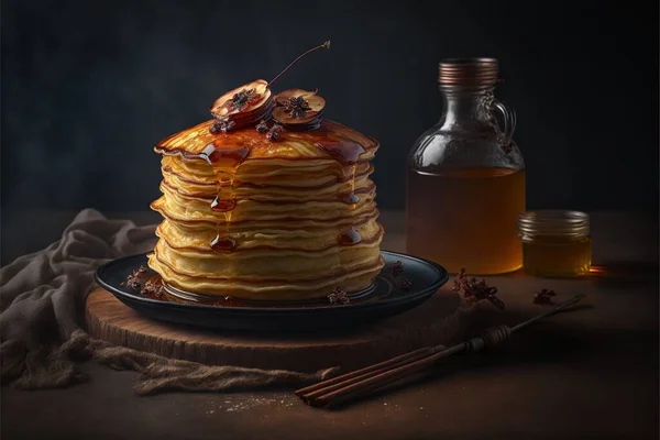 a stack of pancakes with syrup and a bottle of honey on a table with a cloth and a cloth on it, with a spoon and a bottle of honey on the side of the. .