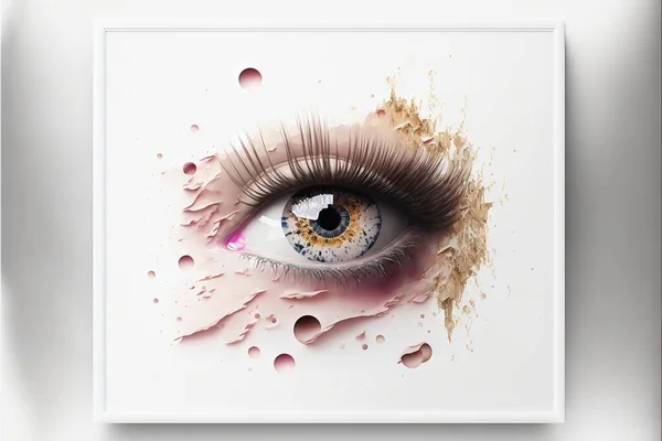 a picture of a eye with a teary eyeball in it's center and a teary eyeball in the middle of the eye, with a pink background, on a white background. .