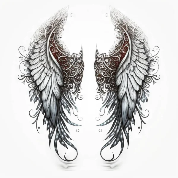 two wings with intricate designs on them on a white background, one of which is drawn in black and white, the other is drawn in red and white, and the other is drawn.
