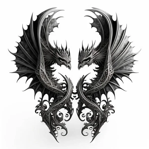 two black dragon wings with intricate designs on them, facing each other, on a white background, with a shadow of the wings and the wings of the wings of the dragon are separated.