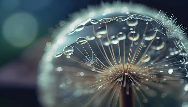 a dandelion with drops of water on top of it.
