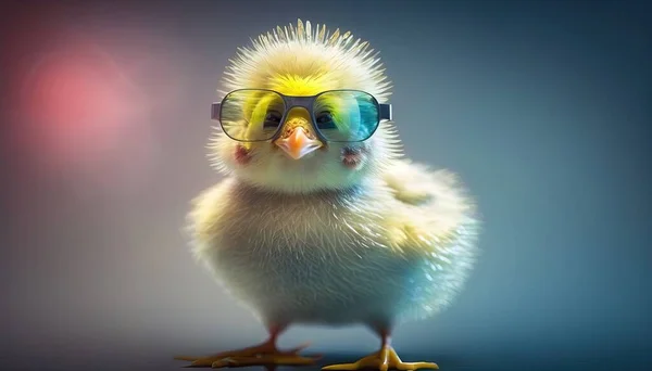 a small yellow chicken wearing sunglasses on a blue background with a blurry background.