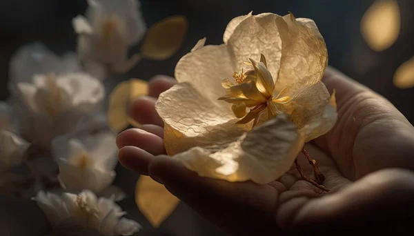 a person holding a yellow flower in their hand with a blurry background.