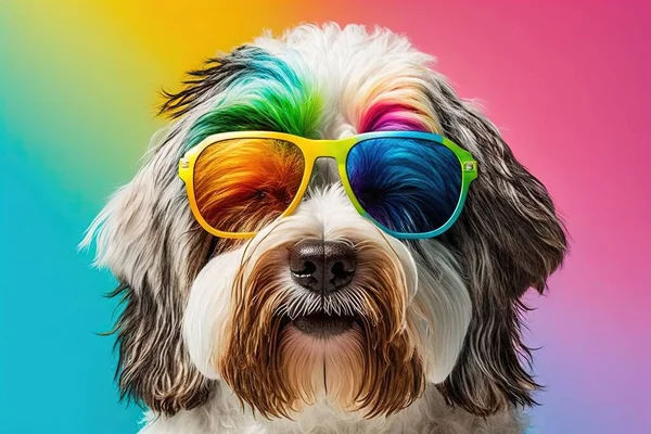a dog wearing sunglasses with a rainbow colored hair on it\'s head.