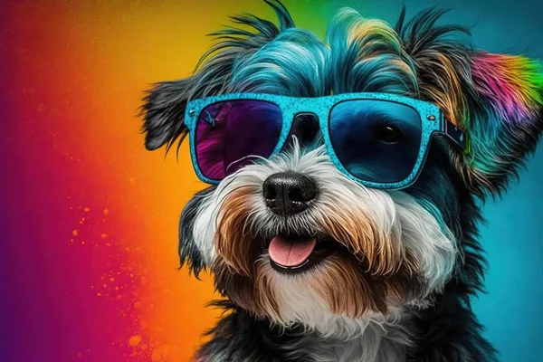 a dog wearing sunglasses with a rainbow colored background behind it.