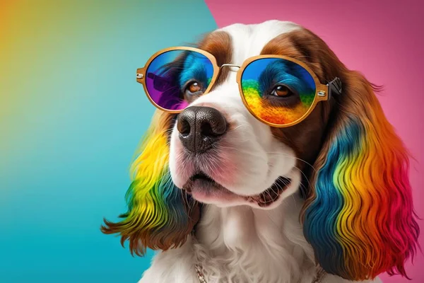 a dog wearing sunglasses with a rainbow pattern on it\'s face.