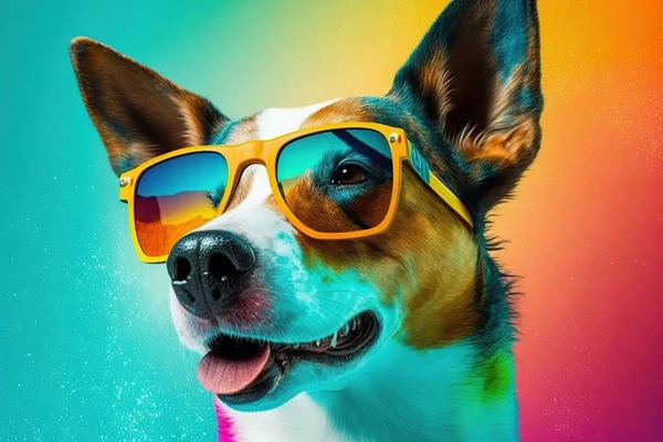 a dog with sunglasses on its head and a rainbow background.