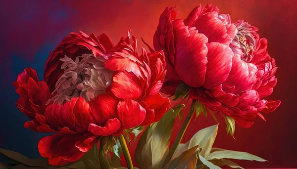 a painting of red flowers in a vase on a table.