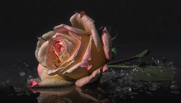 a single pink rose with water droplets on the surface of the water.