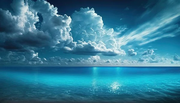 a blue ocean with clouds in the sky and water below.