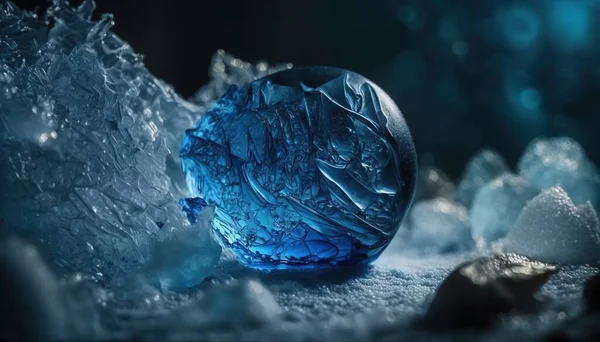a blue glass ball sitting on top of a pile of ice.