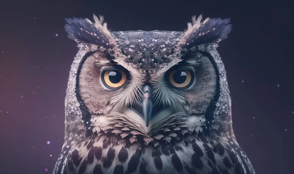 a close up of an owl\'s face with stars in the background.