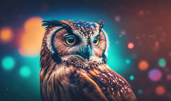 a painting of an owl with blue eyes and brown feathers.