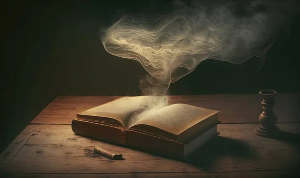 a book with smoke coming out of it on a table.