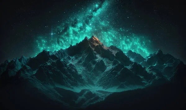 a night scene with a mountain and stars in the sky.