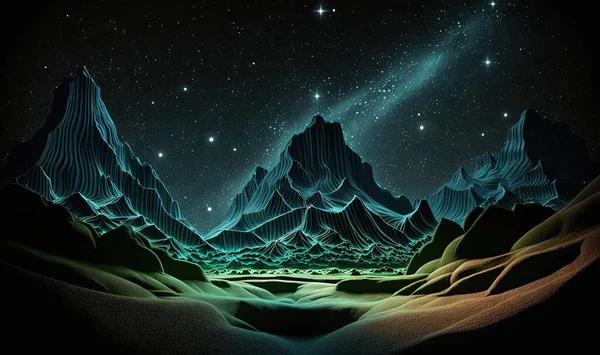 a painting of mountains and stars in the sky with a green glow.