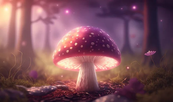 a mushroom in the middle of a forest with a light shining on it.