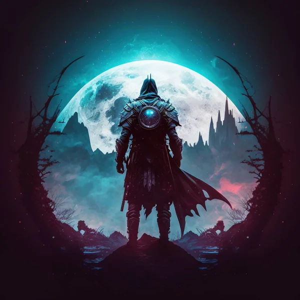 a man standing in front of a full moon with a sword.