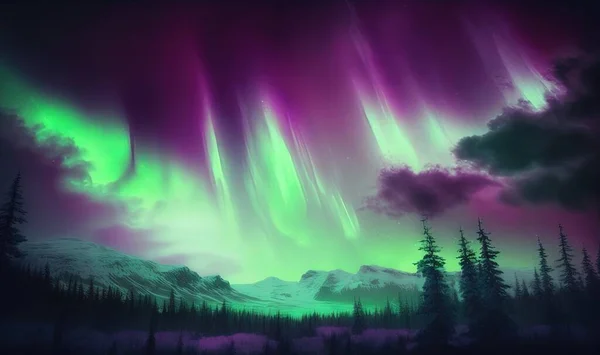 a painting of a green and purple aurora bore in the sky.